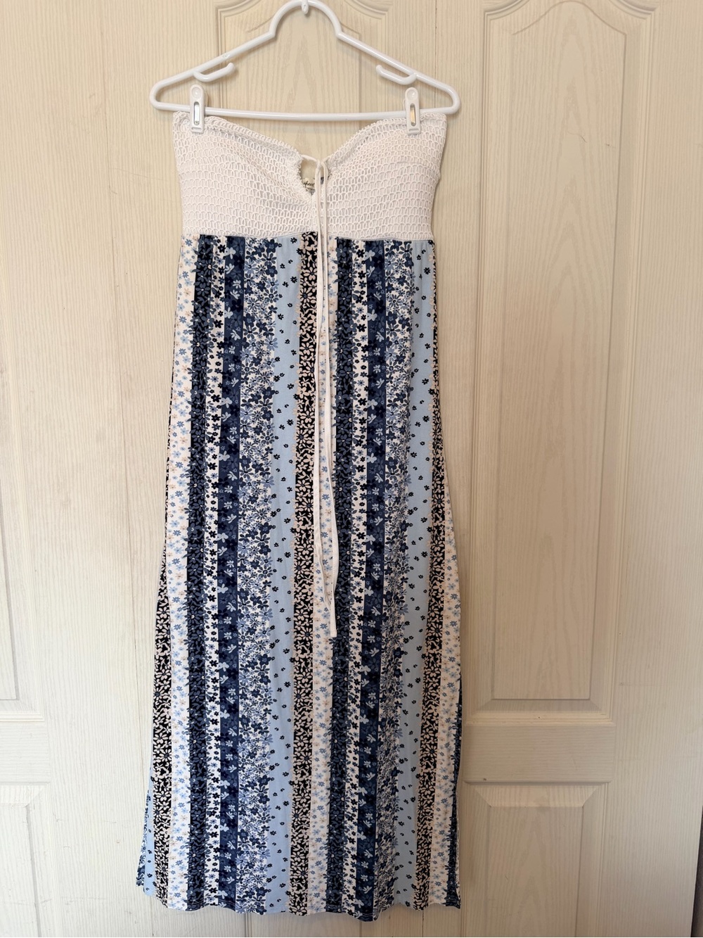 Derek Heart White Crochet Top Blue Striped Floral Maxi Dress
